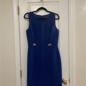 Tahari Blue and Gold Embellished Sheath Dress